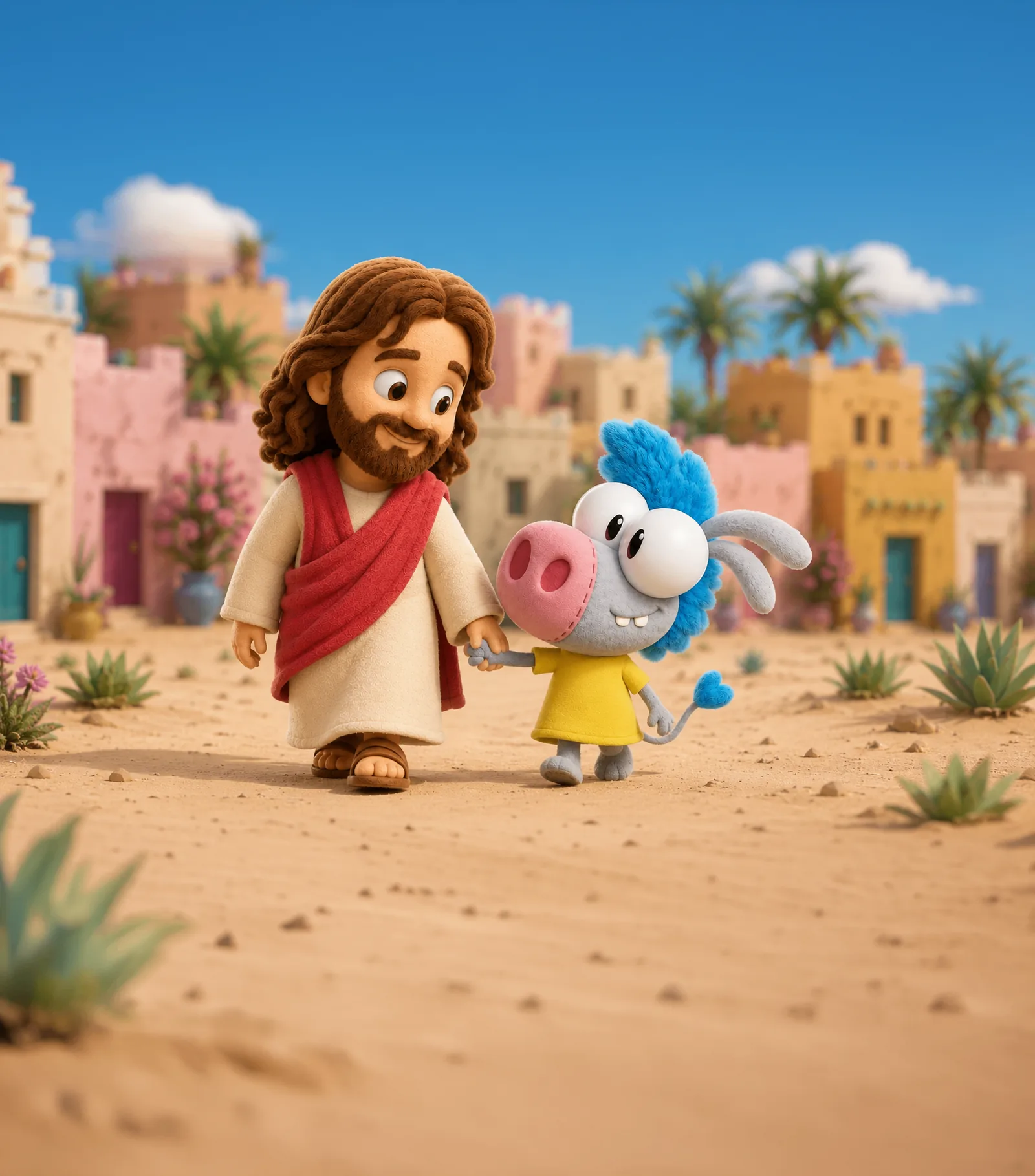 Jesus segurando a mão do Jujumentinho em Jerusalém
