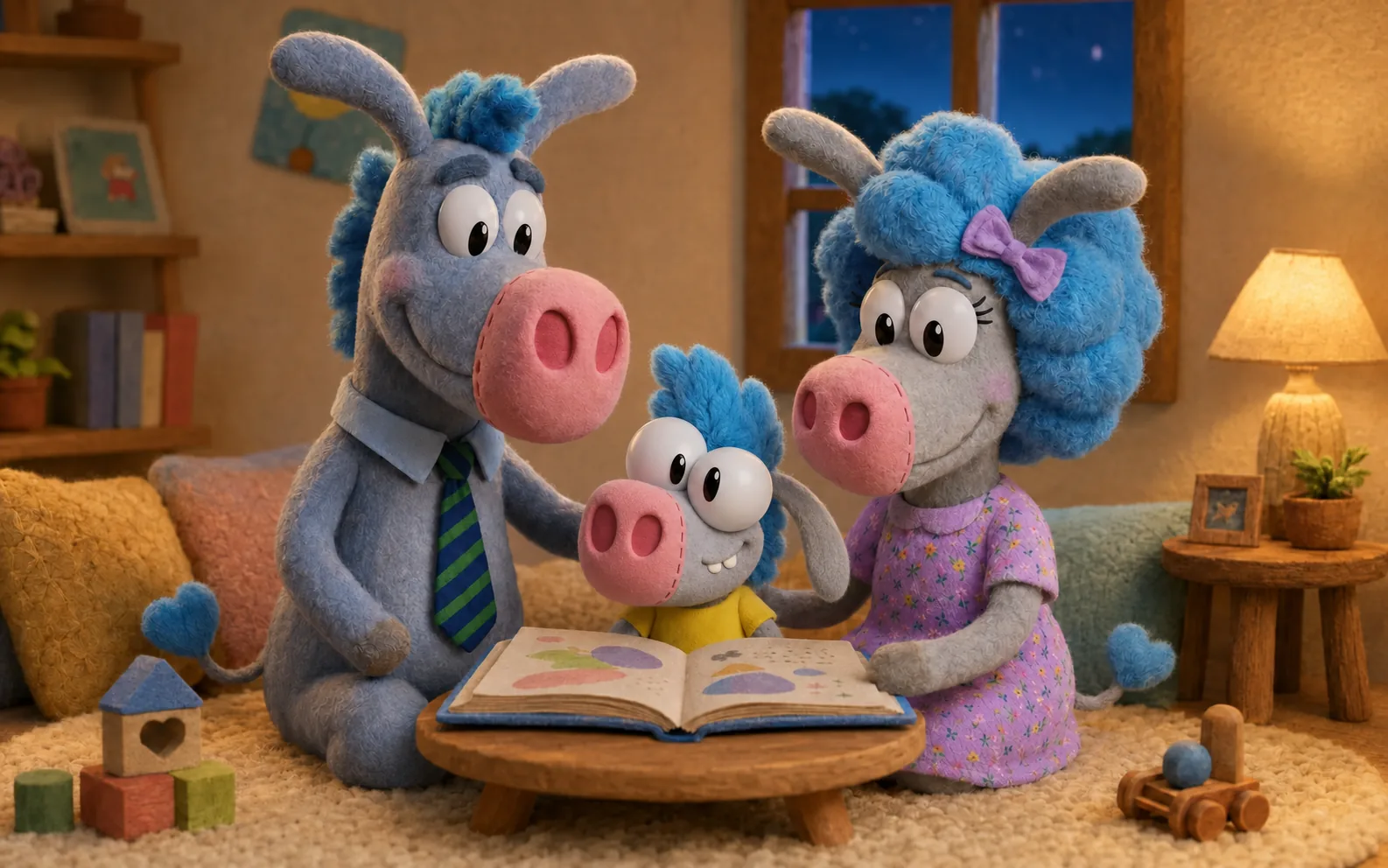 Jujumentinho e seus pais reunidos em torno de um livro infantil